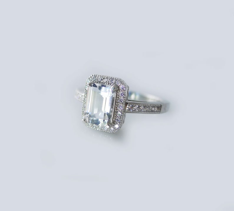 Natural Gemstone Ring Herkimer Diamond ring,Emerald Halo Ring Emerald Cut Ring Sterling Silver Ring Emerald Cut Engagement Ring