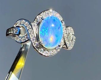 Blue Australian Opal Butterfly Ring, Sterling Silver Halo Design