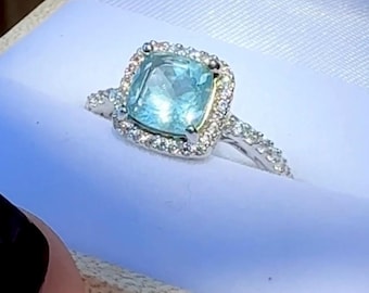 Aquamarine Square Ring, Halo Aquamarine Ring, March Birthstone Ring, Unique Aquamarine Ring, Natural Aquamarine Ring