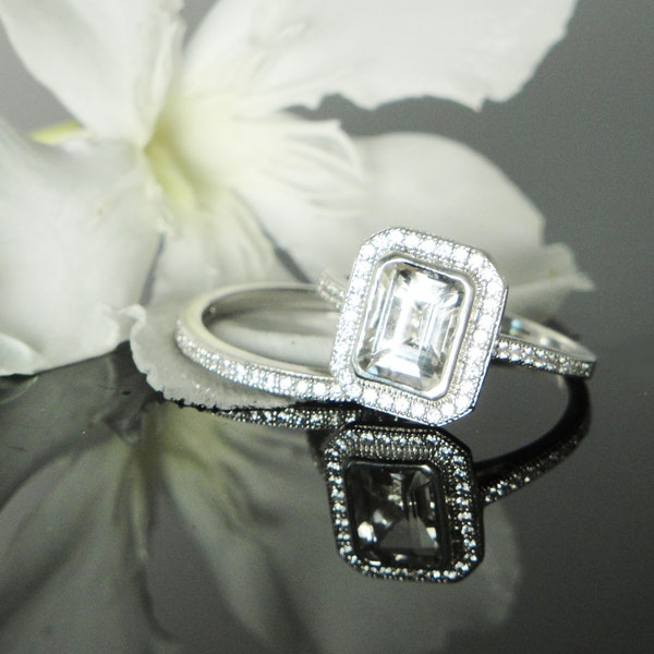 Herkimer Diamond Ring Emerald Cut Sterling Silver Bezel Set with Matching Band