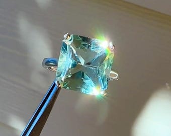 Green Fluorite Ring, Green Gemstone, Cushion Cut Gem, Solitaire Jewelry