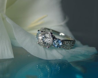 Herkimer Diamond and Aquamarine Engagement Ring