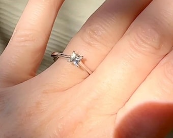 Dainty Princess Cut Herkimer Ring, Sterling Silver Solitaire, Diamond Alternative