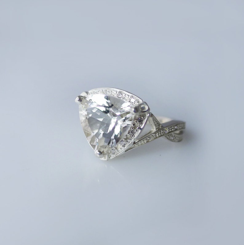 Trillion Ring, Trillion Sterling Silver, Herkimer Diamond Natural Gemstone, Halo Trillion Ring image 3