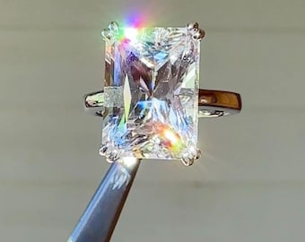 Emerald Cut Herkimer Diamond Engagement Ring, Sterling Silver, Conflict Free Alternative