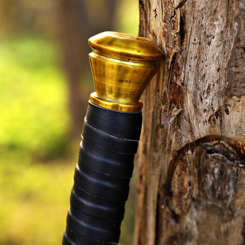 Puede incluir: Primer plano de una empu&ntilde;adura de espada con un pomo dorado y una empu&ntilde;adura envuelta en cuero negro. La empu&ntilde;adura se apoya contra un tronco de &aacute;rbol desgastado, con un fondo verde borroso.