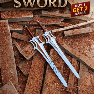 May include: Two fantasy swords with silver blades and brown handles are displayed against a backdrop of wood and sawdust. The swords have a unique design with decorative elements on the hilt. The image includes the text "POWER HEMEN SWORD" and a "BUY 1 GET 2 OFFER" promotion.