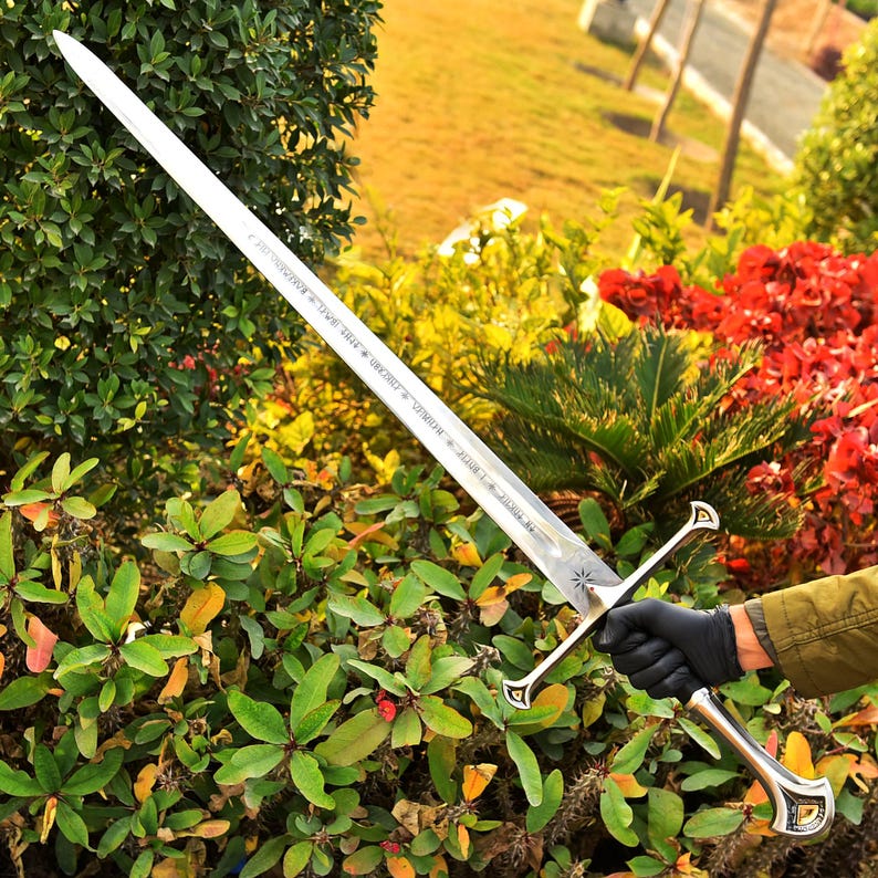 May include: A long, silver sword with a double-edged blade. The hilt and crossguard are silver with decorative accents. The blade has etched text and a star design near the hilt. The sword is held against a backdrop of green and red foliage.