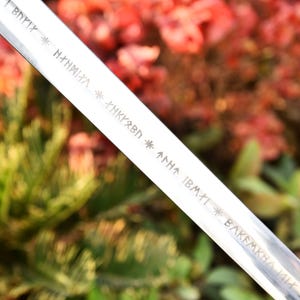 May include: Close-up of a silver sword blade with etched runes. The blade is angled, reflecting light, and the runes are clearly visible. The background is blurred, featuring red and green foliage.
