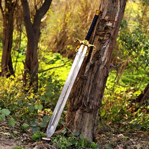 Puede incluir: Una espada larga y plateada con empu&ntilde;adura dorada y mango negro se apoya en un &aacute;rbol. La espada tiene una hoja de doble filo y detalles dorados ornamentados en la empu&ntilde;adura. El mango est&aacute; envuelto en material negro. El fondo es un bosque borroso.
