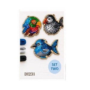 Mini Cross Stitch Kit Fish Set Three Wooden Base DMC Threads DIY Embroidery Decor