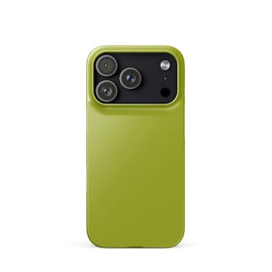 May include: A lime green phone case with a black camera module. The case has a smooth, glossy finish and a rectangular shape. The camera module features three lenses and a small flash.