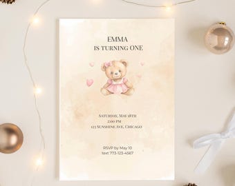 Invitación editable de osito de peluche para primer cumpleaños, invitación para primer cumpleaños de niña, fiesta de cumpleaños de osito, plantilla de Canva, imprimible de 5x7