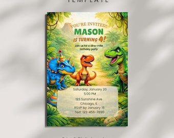 Dinosaur Birthday Invitation Editable Canva Template, Jungle Dino Birthday Party Invite, Boy Birthday, Instant Download