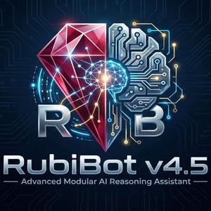 Puede incluir: Gráfico digital con un rubí estilizado y un cerebro de placa de circuito, con las letras "R" y "B" integradas. El texto "RubiBot v4.5" y "Advanced Modular AI Reasoning Assistant" se muestran debajo sobre un fondo azul oscuro.