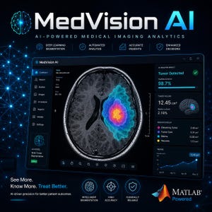 May include: A digital interface titled MedVision AI displaying a brain MRI scan with a color-coded tumor analysis. The screen shows a 98.7% confidence score, a tumor volume of 12.45 cm³, and various diagnostic metrics including region overlays.