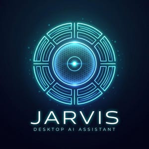 May include: A glowing cyan circular emblem featuring a central honeycomb pattern and concentric geometric lines, set against a dark background. Below the emblem, the text reads JARVIS in large letters and DESKTOP AI ASSISTANT in smaller text.