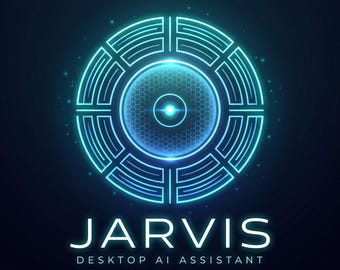 May include: A glowing cyan circular emblem featuring a central honeycomb pattern and concentric geometric lines, set against a dark background. Below the emblem, the text reads JARVIS in large letters and DESKTOP AI ASSISTANT in smaller text.