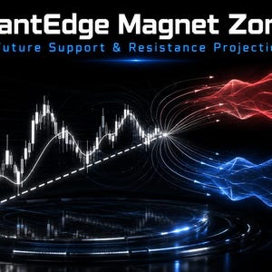 May include: A digital financial chart titled QuantEdge Magnet Zones Future Support & Resistance Projection. It displays a white candlestick graph on a black background, with red and blue glowing lines projecting future resistance and support levels.