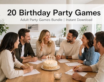 May include: A digital product display featuring the text 20 Birthday Party Games Adult Party Games Bundle Instant Download above a group of people sitting around a wooden table with printed game sheets, pencils, and a lit birthday cake.