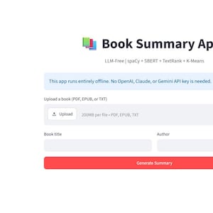 May include: A web interface for a Book Summary App featuring a white background, a central title, and a file upload button. The sidebar contains settings for target summary length and diversity weight, while the main area includes fields for book title, author, and a red Generate Summary button.