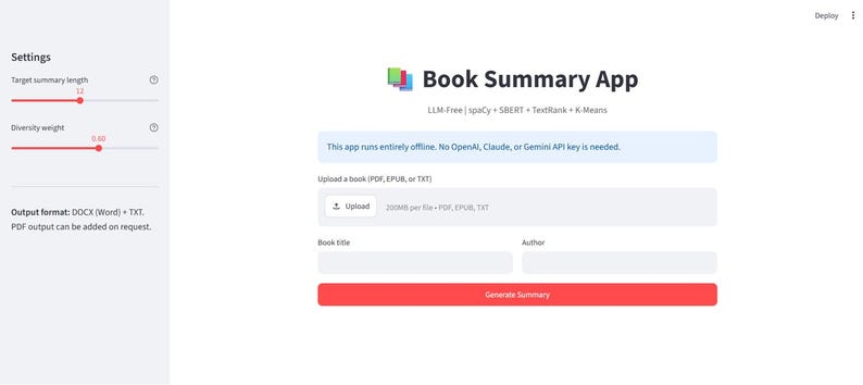 May include: A web interface for a Book Summary App featuring a white background, a central title, and a file upload button. The sidebar contains settings for target summary length and diversity weight, while the main area includes fields for book title, author, and a red Generate Summary button.