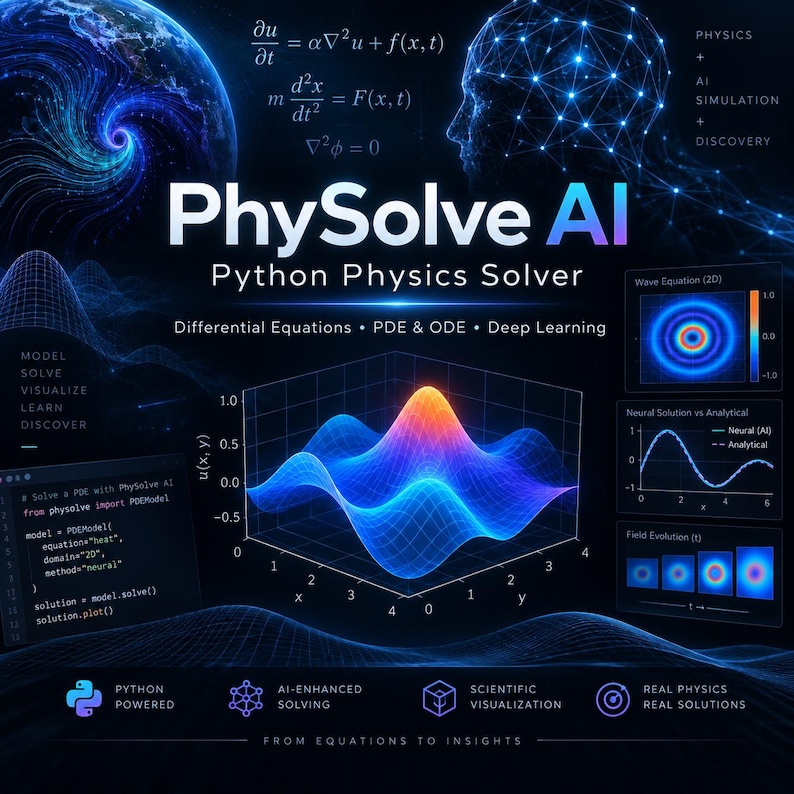 Puede incluir: Un gr&aacute;fico digital para PhySolve AI Python Physics Solver que presenta ecuaciones matem&aacute;ticas, un gr&aacute;fico de superficie de onda en 3D y visualizaciones de redes neuronales. El fondo azul oscuro muestra texto que incluye Differential Equations, PDE & ODE.