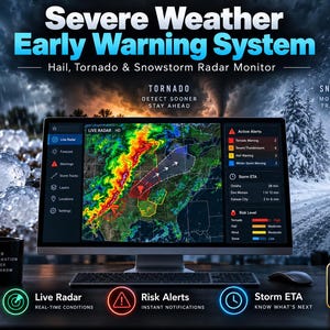 May include: A computer monitor displaying a Severe Weather Early Warning System with live radar, active alerts, and storm ETA data. The screen shows weather maps, while the interface includes text for hail, tornado, and snowstorm monitoring.