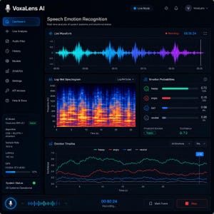 Pode incluir: Um painel de software com tema escuro intitulado VoxaLens AI para reconhecimento de emoções na fala. Exibe uma forma de onda de áudio ao vivo, um espectrograma log-mel, barras de probabilidade de emoções e um gráfico de linha do tempo.