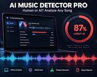 May include: A laptop screen displays the AI MUSIC DETECTOR PRO software interface with a song analysis showing 87% Likely AI. A circular gauge highlights the 87% result in red. A colorful sound wave graphic spans the bottom with feature icons below.