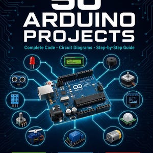 May include: A book cover titled 50 ARDUINO PROJECTS with the subtitle Complete Code, Circuit Diagrams, Step-by-Step Guide. It features a central blue Arduino Uno microcontroller board surrounded by various electronic components connected by glowing lines.