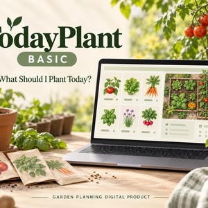 May include: A laptop displaying the TodayPlant BASIC garden planning digital product with the text What Should I Plant Today? The screen shows a grid of vegetable illustrations and a garden layout. Seed packets are arranged on the wooden surface.