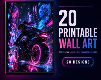 アニメ風の日本風＆サイバーパンク風プリントウォールアート20点セット