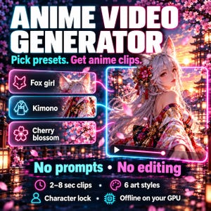 Puede incluir: Una interfaz de generador de video anime con el texto ANIME VIDEO GENERATOR, Pick presets. Get anime clips., No prompts, No editing, 2-8 sec clips, 6 art styles, Character lock, Offline on your GPU, y una chica zorro en kimono.