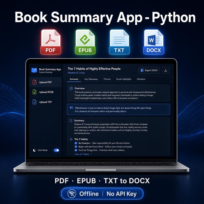 May include: A laptop screen displays the Book Summary App - Python interface, showing a summary of The 7 Habits of Highly Effective People. Icons for PDF, EPUB, TXT, and DOCX files appear above. The interface includes upload options and offline functionality.