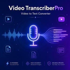 Pode incluir: Um gráfico digital para Video TranscriberPro Video to Text Converter com um ícone central de microfone neon brilhante, uma visualização de onda sonora e linhas de texto. Inclui ícones de vídeo, documentos e chat em fundo azul escuro.