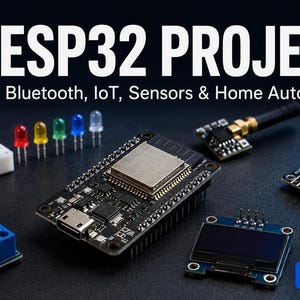 Puede incluir: Una placa de desarrollo ESP32 rodeada de componentes electrónicos, incluyendo una placa de pruebas con cables puente, cinco LED de colores, un módulo de relé, una pequeña pantalla, un sensor y un módulo de antena. El texto dice 50 ESP32 PROJECTS WiFi, Bluetooth, IoT, Sensors & Home Automation FOR BEGINNERS.