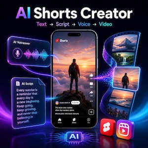 Può includere: Una grafica digitale intitolata AI Shorts Creator che mostra uno smartphone con un video YouTube Shorts di una persona su una montagna all'alba. Pannelli fluttuanti mostrano AI Voiceover, testo AI Script e una pellicola con scene.
