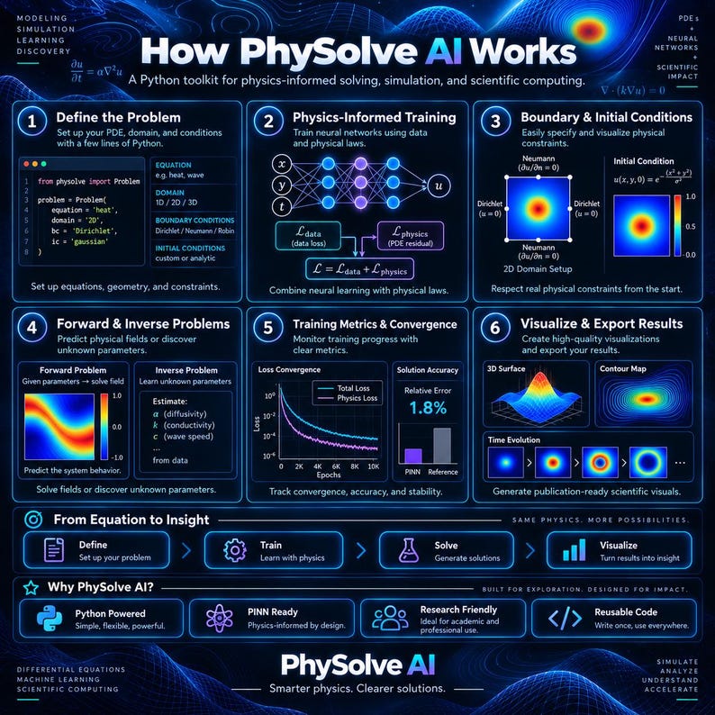 Puede incluir: Una infograf&iacute;a titulada How Physolve AI Works, un kit de herramientas de Python para la resoluci&oacute;n basada en la f&iacute;sica. Presenta seis pasos numerados que detallan la definici&oacute;n de problemas, entrenamiento, condiciones de contorno, problemas inversos, m&eacute;tricas de entrenamiento y visualizaci&oacute;n de resultados sobre un fondo azul oscuro.