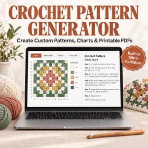 May include: A laptop screen displaying a crochet pattern generator with a granny square chart, stitch key, and written instructions. The screen shows text including CROCHET PATTERN GENERATOR, Create Custom Patterns, Charts & Printable PDFs, and Built-In Stitch Validation.