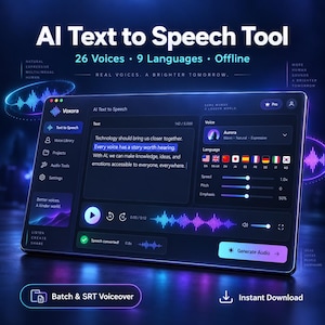 Op de afbeelding: Een digitale interface voor de Voxora AI tekst-naar-spraak tool weergegeven op een scherm. Het donkergekleurde dashboard bevat tekstinvoer, stemselectie voor Aurora, taalvlaggen en audio-afspeelknoppen met een blauwe geluidsgolfvisualisatie.