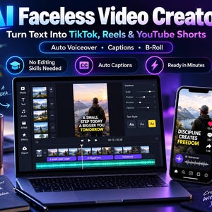 Op de afbeelding: Een laptop en smartphone met videobewerkingssoftware en de tekst AI Faceless Video Creator, Turn Text Into TikTok, Reels & YouTube Shorts, Auto Voiceover, Captions, B-Roll, No Editing Skills Needed, Auto Captions, Ready in Minutes.