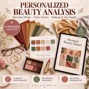 May include: A digital beauty analysis kit featuring a tablet displaying a Personal Beauty Report, a color palette card with hex codes, a makeup palette, a lipstick, gold hoop earrings, a necklace, and fabric swatches in earth tones.