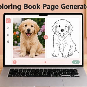 Könnte beinhalten: Ein Laptop-Bildschirm zeigt die Benutzeroberfläche eines Malbuchseiten-Generators mit einem Foto eines Golden Retriever Welpen neben der schwarz-weißen Strichzeichnung, inklusive einer Seitenleiste mit Symbolen und einem Schieberegler.