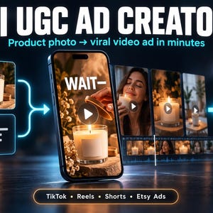 以下が含まれることがあります： AI UGC AD CREATORというタイトルのデジタルグラフィックで、キャンドルの動画を表示するスマートフォンが描かれています。インターフェースは、製品写真とテキスト入力から、TikTok、Reels、Shorts用のMP4動画ファイルを作成するプロセスを示しています。