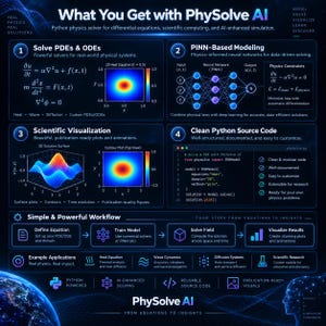 Puede incluir: Una infograf&iacute;a titulada What You Get with PhySolve AI, que presenta cuatro secciones sobre la resoluci&oacute;n de EDP y EDO, modelado basado en PINN, visualizaci&oacute;n cient&iacute;fica y c&oacute;digo fuente de Python, con un diagrama de flujo.