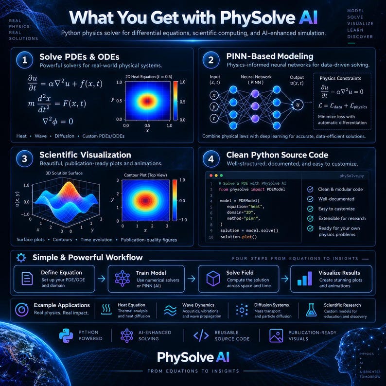 Puede incluir: Una infograf&iacute;a titulada What You Get with PhySolve AI, que presenta cuatro secciones sobre la resoluci&oacute;n de EDP y EDO, modelado basado en PINN, visualizaci&oacute;n cient&iacute;fica y c&oacute;digo fuente de Python, con un diagrama de flujo.