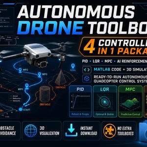 Może przedstawiać: Cyfrowy wyświetlacz produktu Autonomous Drone Toolbox z grafiką quadrocoptera, trajektorią lotu i tekstem zawierającym 4 Controllers in 1 Package, PID, LQR, MPC, AI Reinforcement Learning, Matlab Code oraz 3D Simulation.