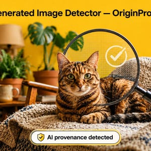 Op de afbeelding: Een bruine cyperse kat rust op een stoel met textuur. Een vergrootglas boven de kat toont een wit vinkje. De tekst bovenaan luidt AI Generated Image Detector — OriginProof Pro, en een badge onderaan vermeldt AI provenance detected.