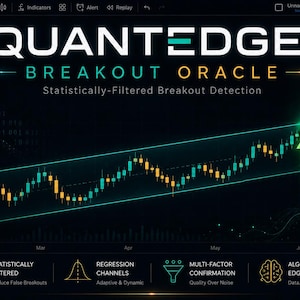 May include: A digital financial chart titled QUANTEDGE BREAKOUT ORACLE with the subtitle Statistically-Filtered Breakout Detection. The display features a candlestick graph with a green upward trend, regression channels, and a breakout indicator.
